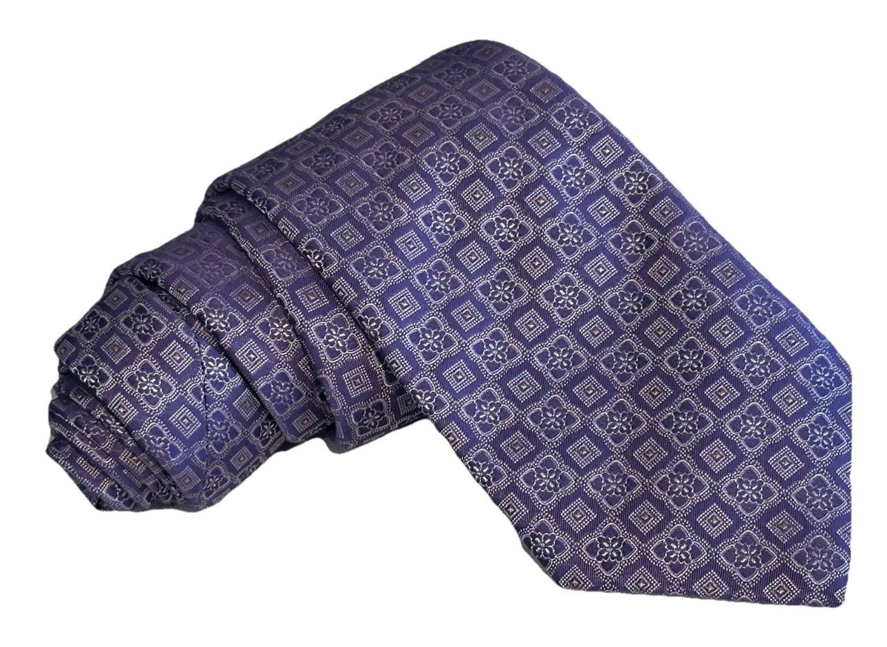$295 NEW BRIONI TIE HANDMADE LILAC PURPLE GEOMETRIC SQUARE FLORETS GOLD CENTERS