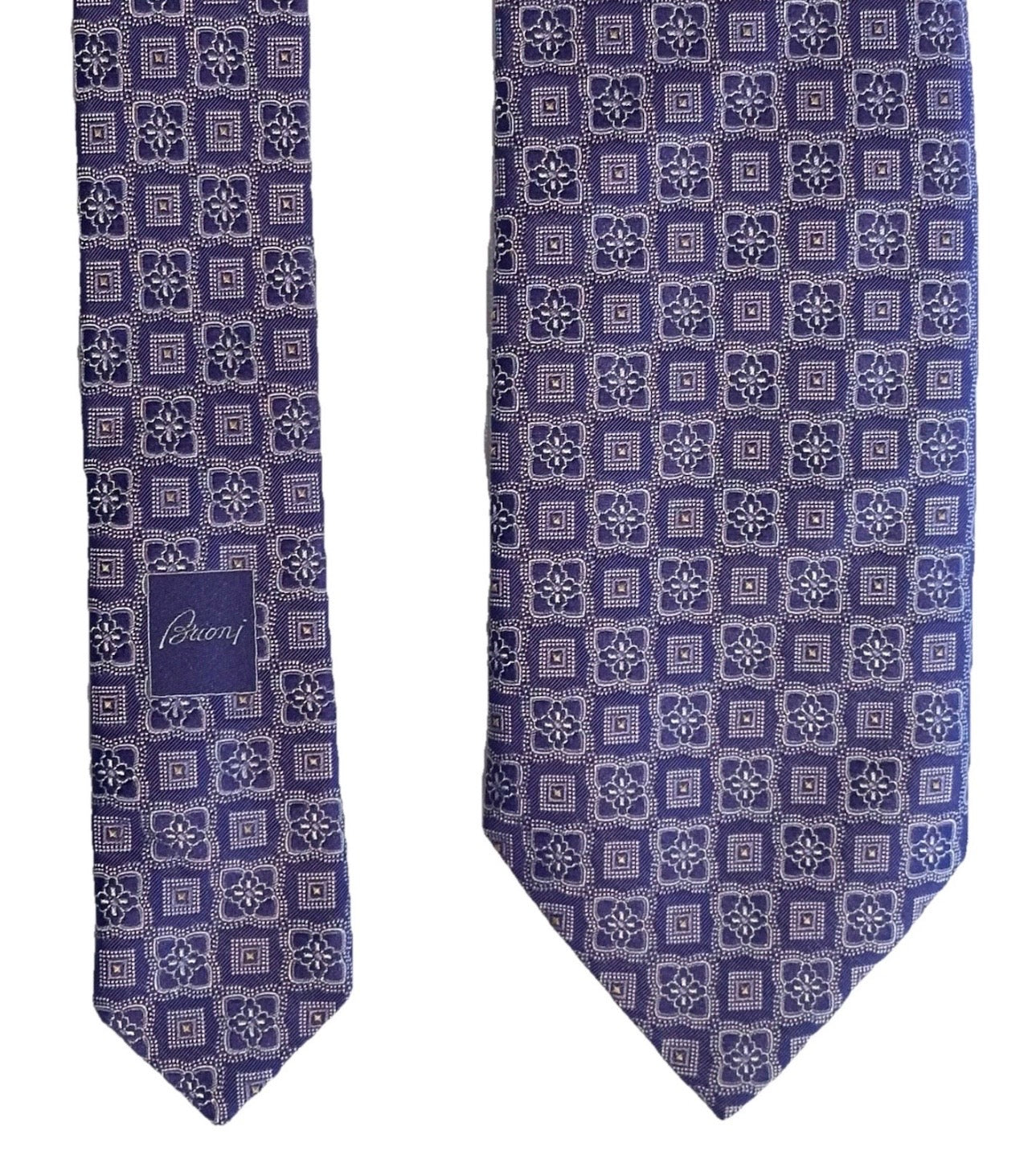 $295 NEW BRIONI TIE HANDMADE LILAC PURPLE GEOMETRIC SQUARE FLORETS GOLD CENTERS