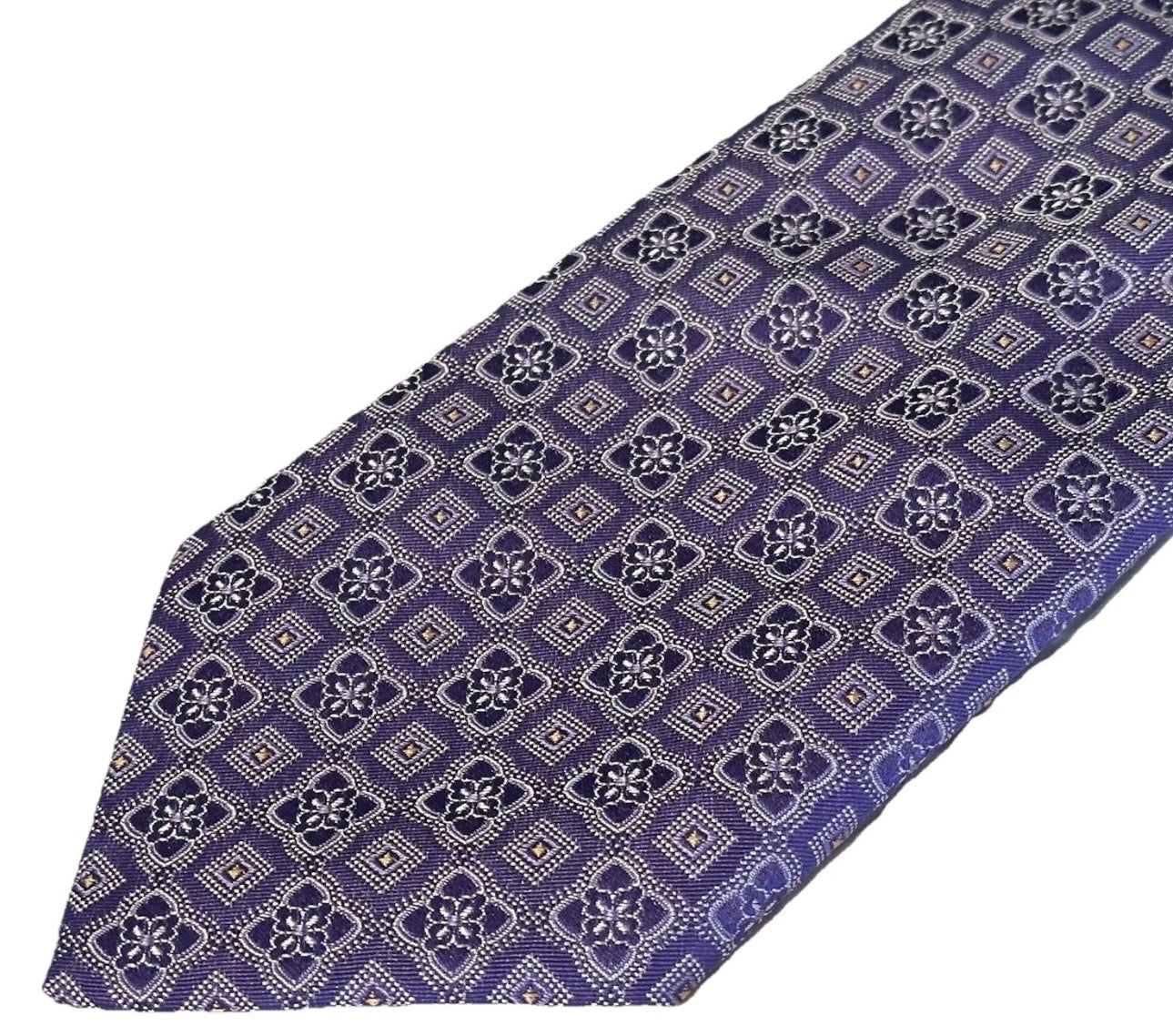 $295 NEW BRIONI TIE HANDMADE LILAC PURPLE GEOMETRIC SQUARE FLORETS GOLD CENTERS