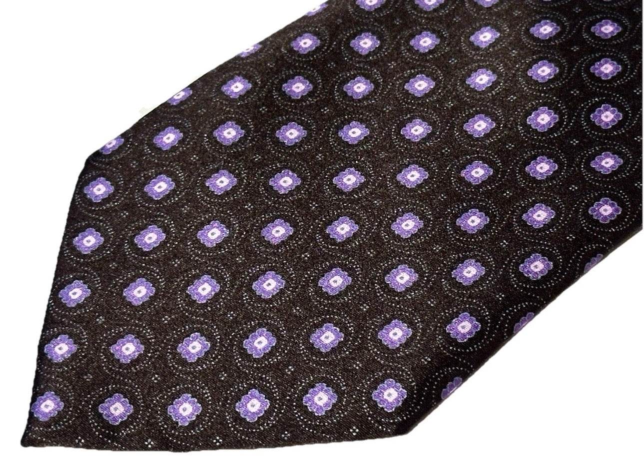 $295 NEW BRIONI TIE HANDMADE PURPLE-BLACK & LAVENDER TONES MEDALLIONS MENS