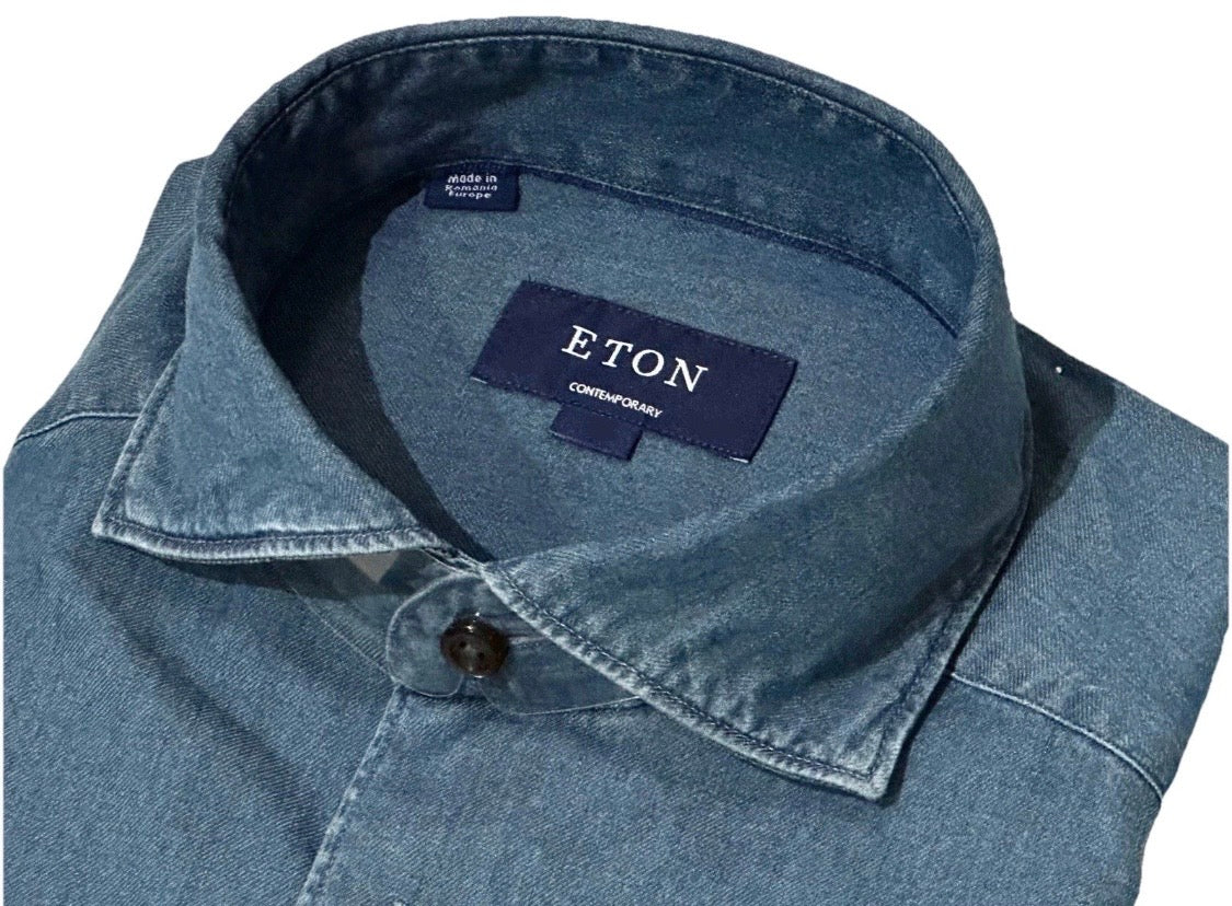 $395 NEW ETON DRESS SHIRT S / 15 38 CONTEMPORARY CASHMERE COTTON INDIGO DENIM