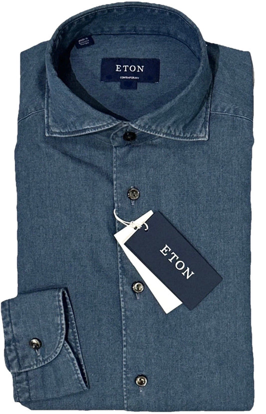 $395 NEW ETON DRESS SHIRT S / 15 38 CONTEMPORARY CASHMERE COTTON INDIGO DENIM