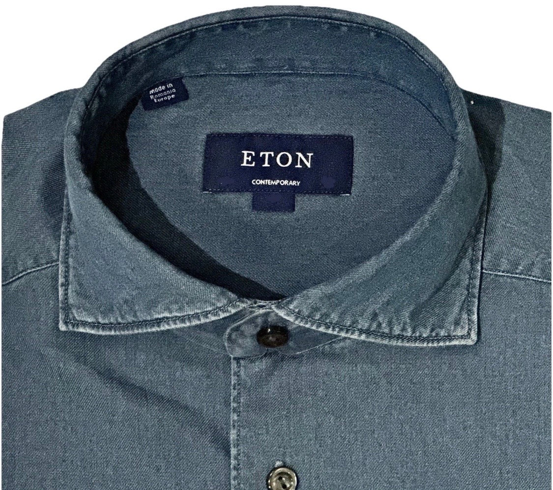 $395 NEW ETON DRESS SHIRT S / 15 38 CONTEMPORARY CASHMERE COTTON INDIGO DENIM