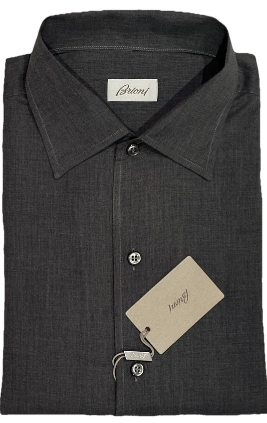 $650 NEW BRIONI DRESS SHIRT L FITTED FIT GRAY 1 PIECE LIGHTER CASUAL COLLAR
