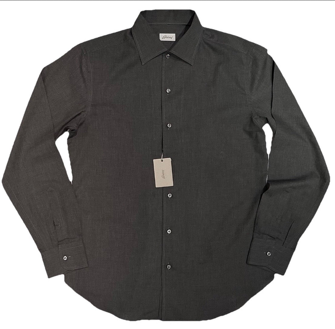 $650 NEW BRIONI DRESS SHIRT L FITTED FIT GRAY 1 PIECE LIGHTER CASUAL COLLAR
