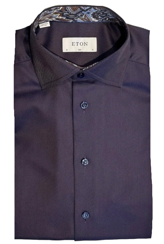 $395 NEW ETON DRESS SHIRT S 15 EU 38 SLIM FIT NAVY TWILL CONTRAST PAISLEY COLLAR MENS