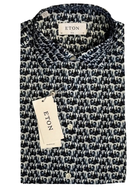 $395 NEW ETON MENS DRESS SHIRT S 15 EU 38 SLIM FIT ANTIQUE ART VASES VESSELS MOTIF