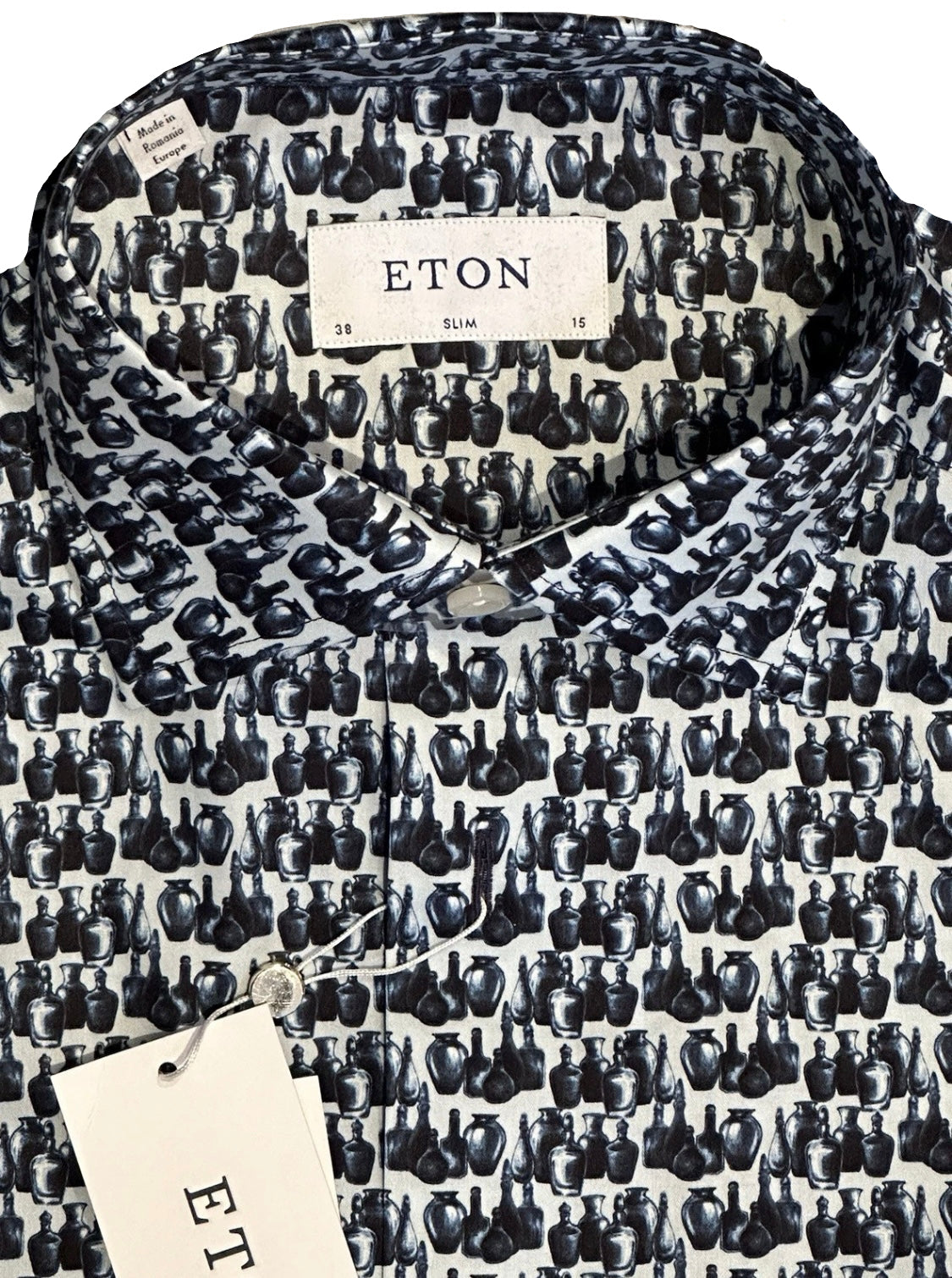 $395 NEW ETON MENS DRESS SHIRT S 15 EU 38 SLIM FIT ANTIQUE ART VASES VESSELS MOTIF