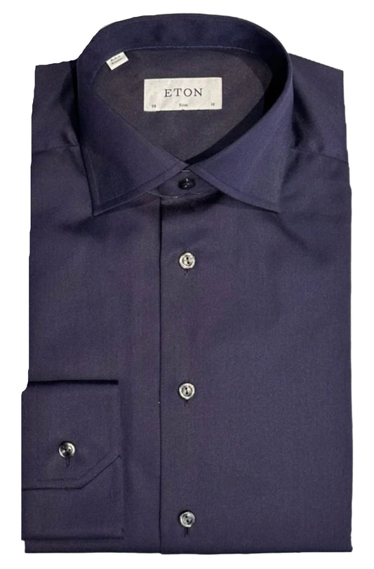 $395 NEW ETON DRESS SHIRT S 15 EU 38 SLIM FIT SOLID NAVY SATEEN MENS