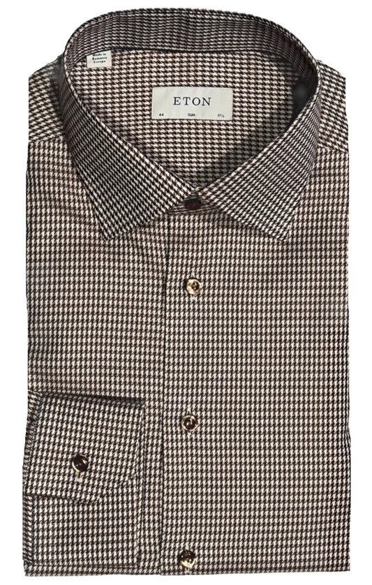 $395 NEW ETON DRESS SHIRT XL 17.5 EU 44 SLIM FIT TAUPE BROWN PUPPYTOOTH HOUNDSTOOTH