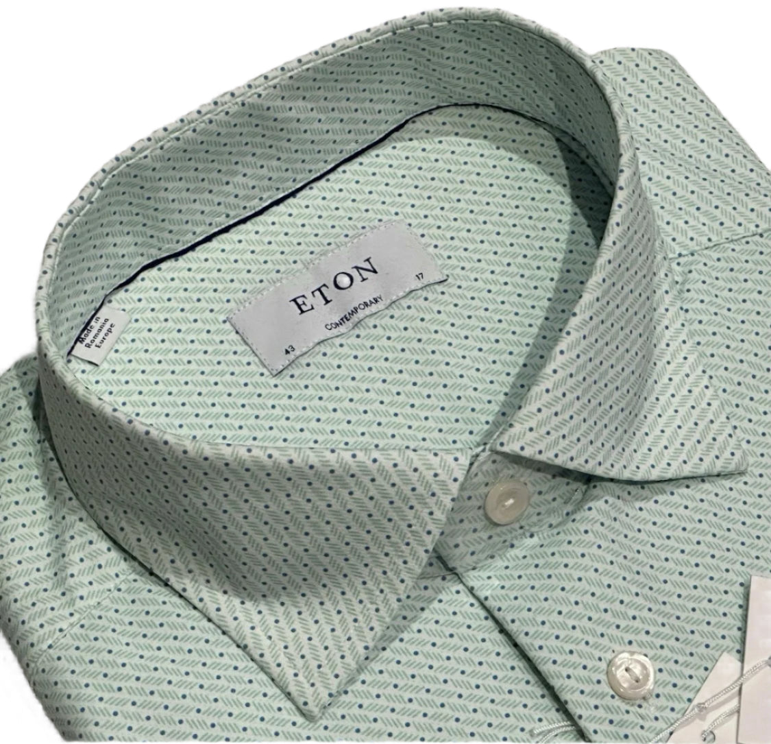 $425 NEW ETON DRESS SHIRT XL 17 EU 43 CONTEMPORARY FIT MINT GREEN WHITE TINY BLUE DOTS