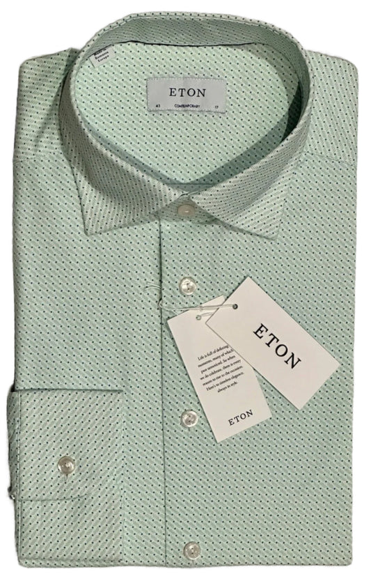 $425 NEW ETON DRESS SHIRT XL 17 EU 43 CONTEMPORARY FIT MINT GREEN WHITE TINY BLUE DOTS