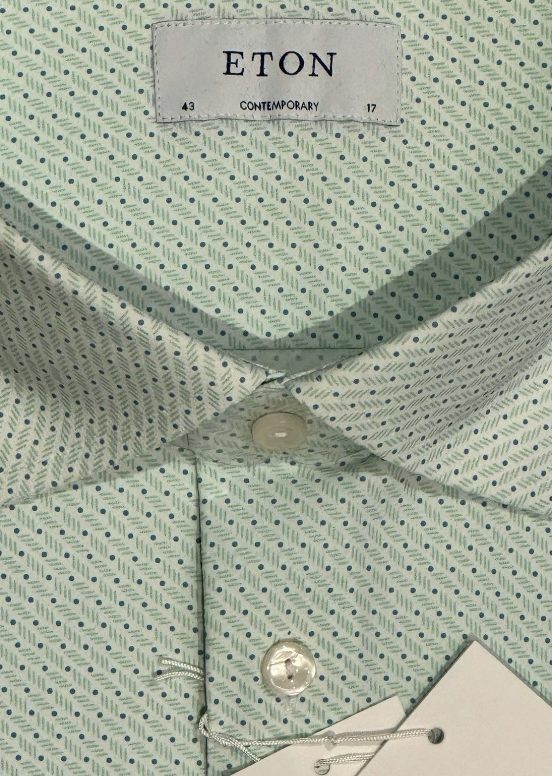 $425 NEW ETON DRESS SHIRT XL 17 EU 43 CONTEMPORARY FIT MINT GREEN WHITE TINY BLUE DOTS