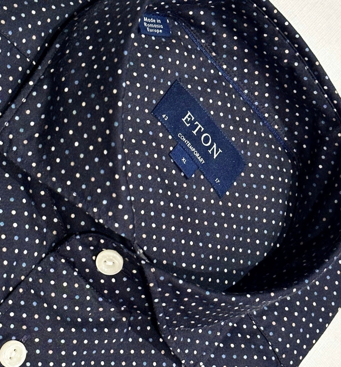 $425 NEW ETON DRESS SHIRT XL 17 EU 43 CONTEMPORARY DARK NAVY w SUSPENDED DOTS