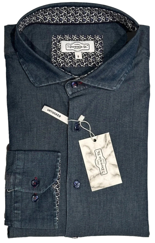$399 NEW 7 DOWNIE ST COUTURE JEAN SHIRT SZ 8 = XXL 18 SLIM FIT LUXURY NAVY DENIM