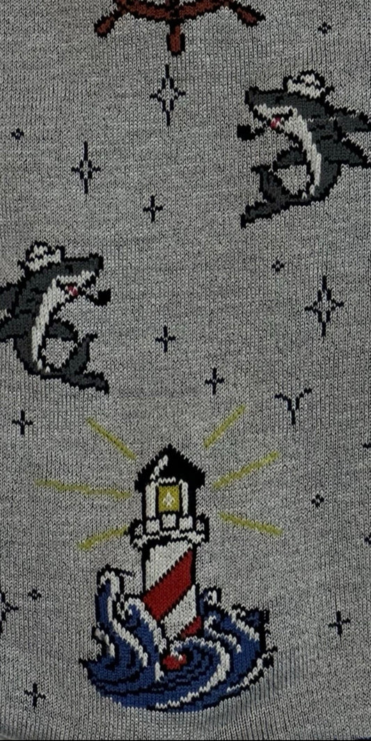 $55 NEW ITALY MARCOLIANI MILANO SOCKS MERCERIZED PIMA COTTON LIGHTHOUSE SHARKS MOTIF SILVER