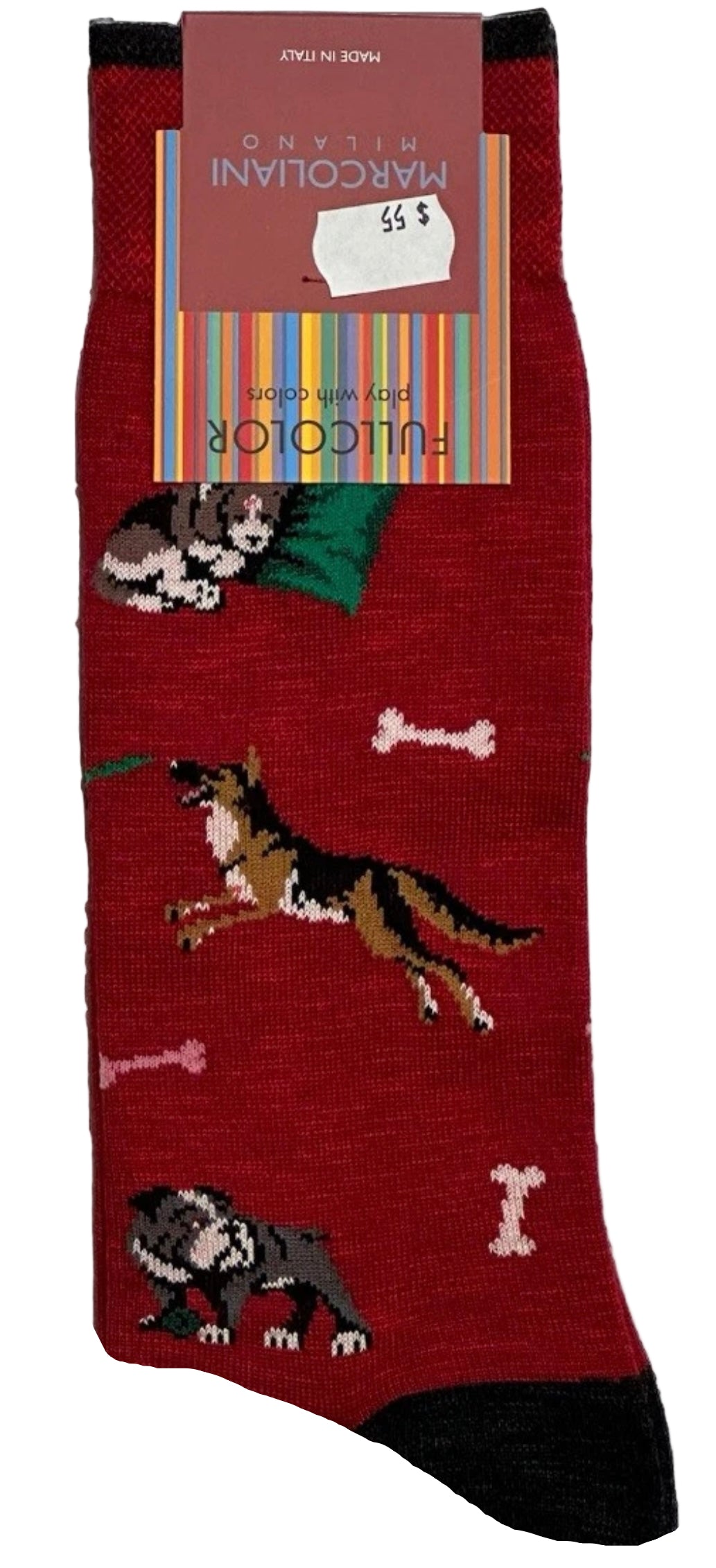 Red socks with dog designs and a brand label on a white background