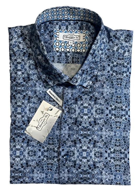 $285 NEW 4XL SHORT SLEEVE CAMP SHIRT BLUE TONED PSYCHEDELIC SWIRLS THEMED BIG TALL 7 DOWNIE